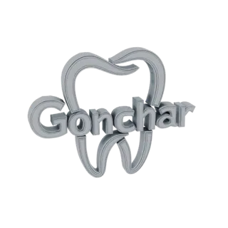 3D-модель стоматологического логотипа Gonchar, представляющая стилизованный зуб с названием 'Gonchar', встроенным внутрь.
