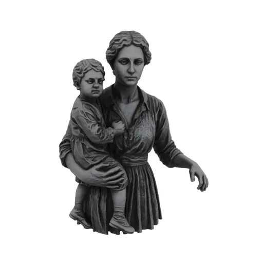 3D рендер скульптуры матери с ребенком, похожей на камень, с детализированной одеждой и выражениями лиц.