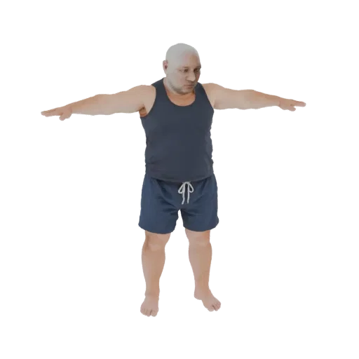 3D модель лысого мужчины в T-позе, одетого в темно-синюю майку и подходящие шорты, с вытянутыми руками.