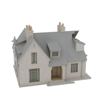 3D модель классического двухэтажного кирпичного дома с серой крышей, мансардными окнами и двумя трубами на белом фоне.