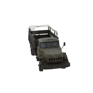 3D модель состаренного советского военного грузовика ЗИЛ-130 оливкового цвета с тентованной грузовой платформой, вид спереди