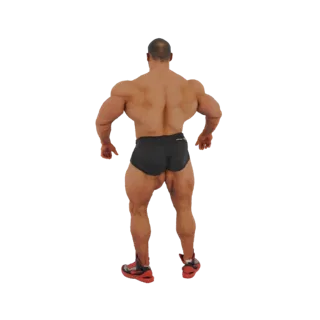 3D модель мускулистого бодибилдера вид сзади, демонстрирующая развитые мышцы и атлетичное телосложение.