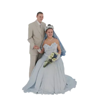 3D model of a bride in a light blue wedding gown and a groom in a tan suit, holding hands, with a bouquet.
