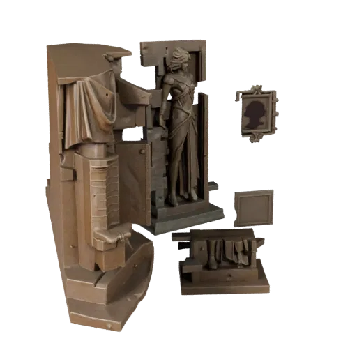 Реалистичная 3D-модель абстрактной скульптуры из бронзы, вид с трех четвертей, постамент и детали скульптуры