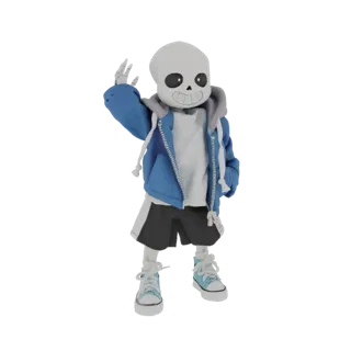 3D модель Санса из Undertale, персонаж-скелет в синей куртке, белой футболке, черных шортах и синих кроссовках, с поднятой ру