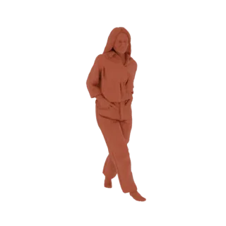 3D-модель женщины в повседневной одежде, запечатленная в позе ходьбы с руками в карманах, на белом фоне.