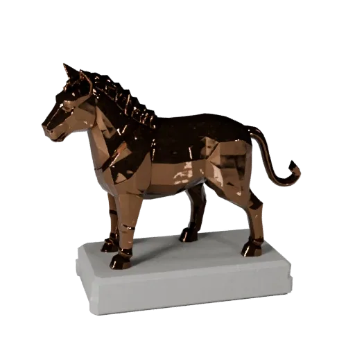 Низкополигональная 3D-модель статуи животного из бронзы, предпросмотр которой показывает силуэт, вид в три четверти, постамен