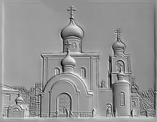 3D модель барельефа русской православной церкви с золотыми куполами, вид спереди