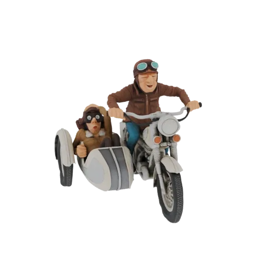 3D модель винтажного мотоцикла с коляской, с двумя персонажами в стиле авиаторов в кожаных куртках и очках.