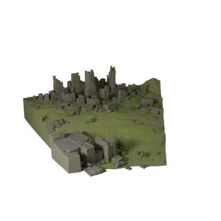 3D-модель биома заросшего разрушенного города, кинематографический рендер среды крупным планом, показывающий слои ландшафта,