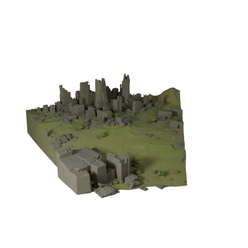 3D-модель биома заросшего разрушенного города, кинематографический рендер среды крупным планом, показывающий слои ландшафта,