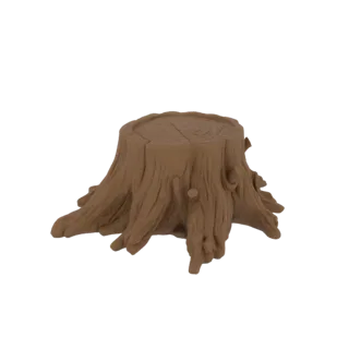 3D model of a rustic tree stump with detailed bark texture and spreading roots, set against a white background.