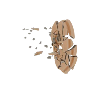 3D модель взрывающегося деревянного диска с разлетающимися фрагментами и обломками на белом фоне.