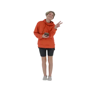 3D модель молодой девушки в оранжевой толстовке и темных шортах, держащей смартфон и показывающей знак мира.