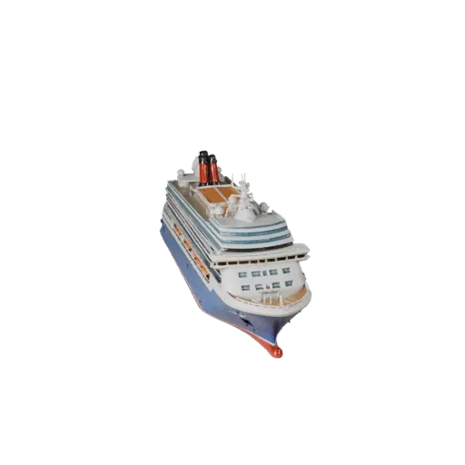 3D-модель круизного лайнера, вид в три четверти в студии, готовый к анимации объект транспорта с формой корпуса, планировкой