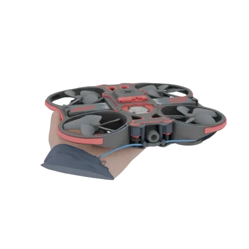 Детализированная 3D-модель компактного мини-дрона с камерой, удерживаемая в руке.