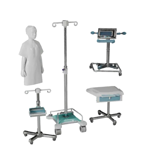 Низкополигональная 3D модель капельницы, игровой вид с трех четвертей, демонстрирующая окрашенный металл, клинический силуэт.