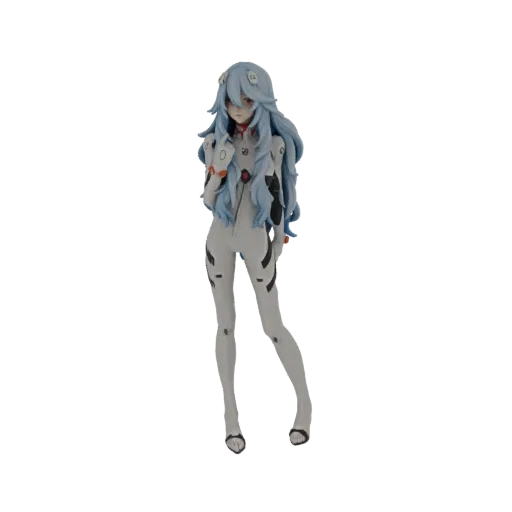 3D модель Рей Аянами из Neon Genesis Evangelion в бело-синем плагсьюте, с бледно-голубыми волосами и красными глазами.