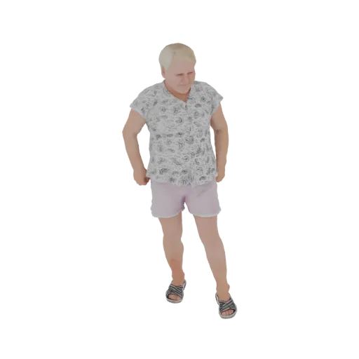 3D модель женщины в цветочной рубашке и розовых шортах, в расслабленной позе.