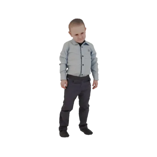 3D модель мальчика с короткими волосами в светло-голубой рубашке и темно-серых штанах, смотрящего вниз с задумчивым выражение