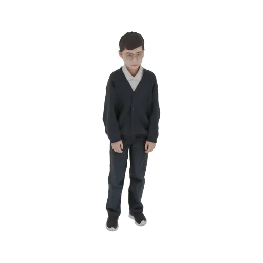 3D модель мальчика в темно-синем кардигане, белой рубашке и темных брюках, стоящего и смотрящего вперед.