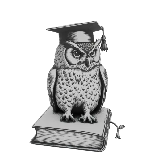 3D модель мудрого филина в шапочке выпускника, сидящего на книге, символизирующего знания и образование.