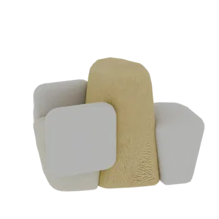 3D модель абстрактного органического дивана с округлыми белыми подушками и высоким текстурным желтым центральным акцентом на