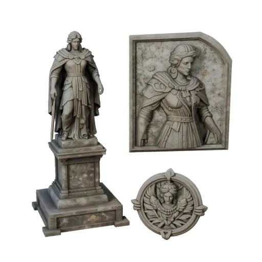 Превью коллекционной 3D-модели Статуи Садового Стража, показывающее силуэт, студийный крупный план, постамент и детализацию с