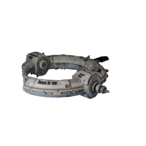 Реалистичная 3D-модель стыковочного узла глубокого космоса, трехчетвертной студийный рендер, показывающий металлические модул