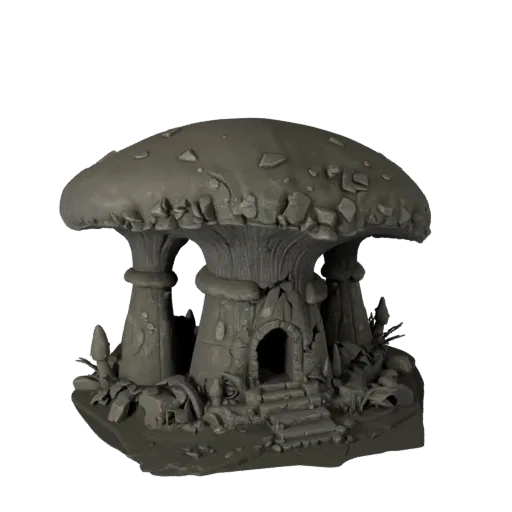 Стилизованная 3D модель пещеры-грота с грибами, стилизованный изометрический рендер окружения, показывающий состаренный камен