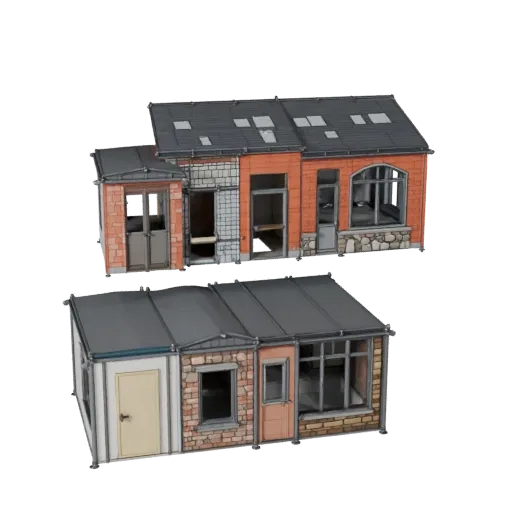 Стилизованный 3D-комплект модульной квартиры, изометрический вид стилизованного игрового окружения, показывающий материалы мо