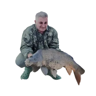 3D модель рыбака в камуфляже, присевшго и держащего большого карпа