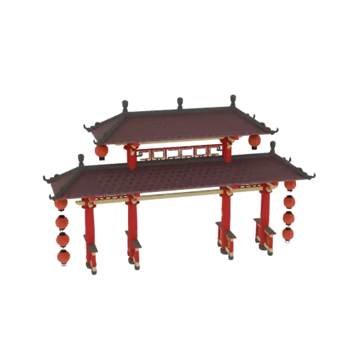 3D-модель традиционной китайской пагоды-арки с красными колоннами, многоярусными крышами и свисающими фонарями на белом фоне.
