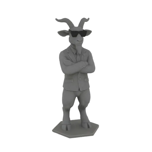 3D модель серого козла в костюме и очках, стоит со скрещенными руками на шестиугольном основании.