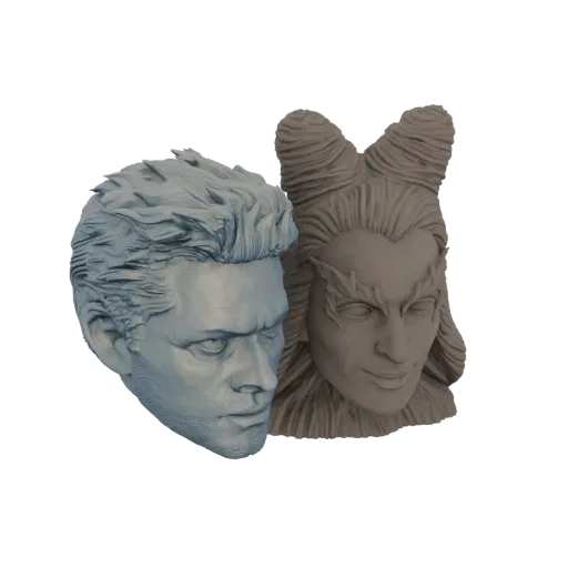 Рендер 3D модели двух бюстов: фэнтезийный эльф с пышными волосами и украшениями в виде листьев, и человек с остроконечной при