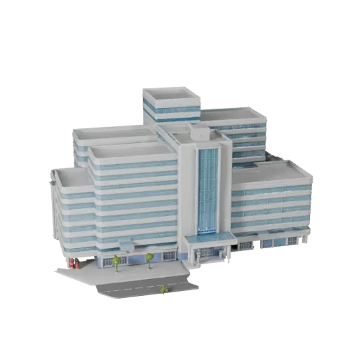 3D модель здания больницы, готовая к Blender, вид рендера студии Blender, показывающий материалы общедоступного здания и архи