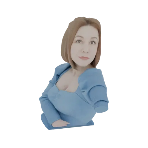 3D модель женщины с каштановыми волосами в синем платье с пышными рукавами, руки скрещены.