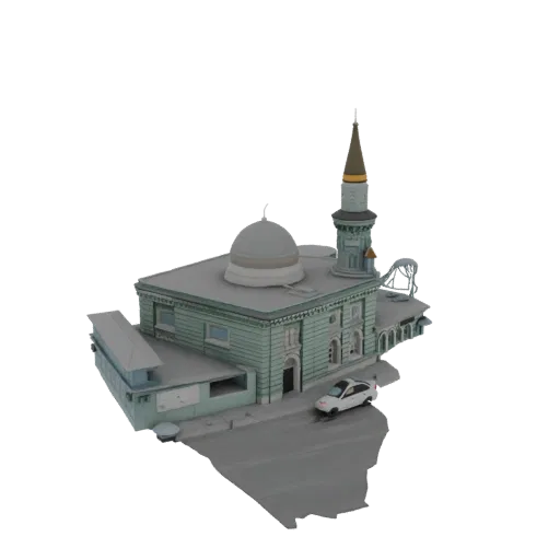 3D модель исламской мечети с высоким минаретом, куполом и белым автомобилем на дороге на белом фоне.