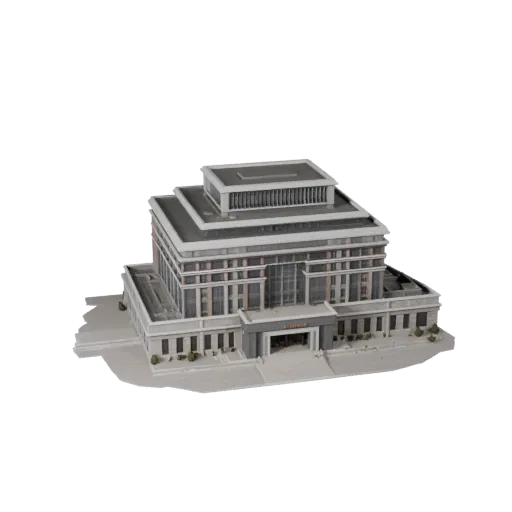 Высокополигональная 3D модель здания библиотеки, крупный план архитектурного рендера, показывающий материалы общедоступного з