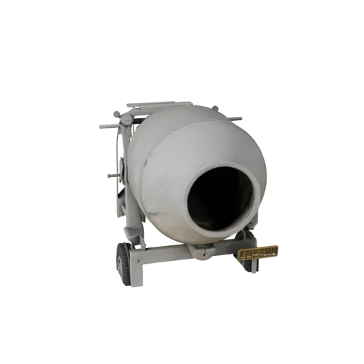 Реалистичная 3D-модель бетономешалки для тяжелых условий, трехчетвертной студийный рендер, показывающий бетон, готовые к рабо