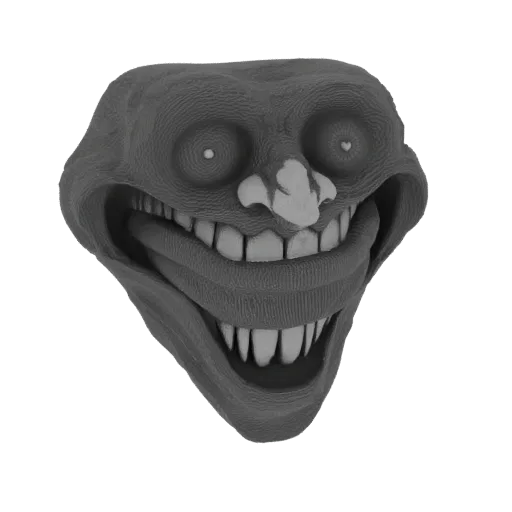 3D рендер мема Trollface с широкой, зловещей ухмылкой и текстурированной серой отделкой.