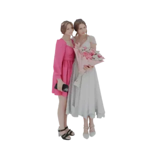 3D model of two elegant women, one in a pink dress and one in a white gown, holding a bouquet of pink roses.