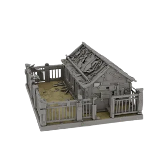 3D модель разрушенного одноэтажного дома времен Второй мировой войны с полуразрушенным забором и участком, детализированная д