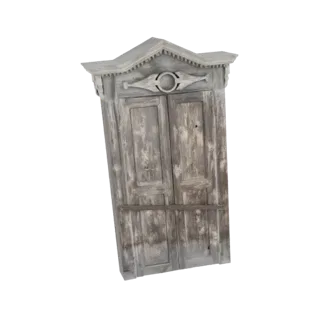 3D модель старинного деревянного шкафа с двойными дверями и резным, богато украшенным верхом, на черном фоне.