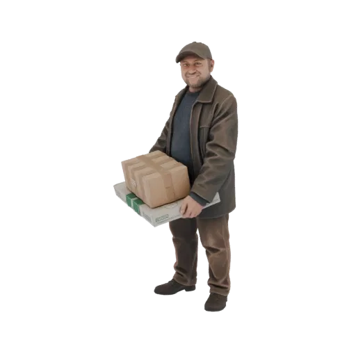 3D модель улыбающегося курьера в кепке и куртке, держащего две картонные посылки.