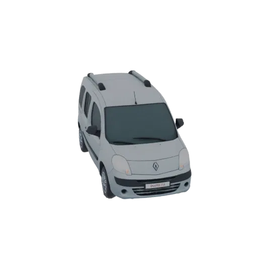 Вид сверху 3D модели светло-серого фургона Renault Kangoo с рейлингами и номерным знаком.