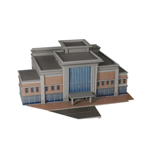 Низкополигональная 3D модель торгового центра, готовая для игры, внешний вид, показывающий материалы общедоступного здания и