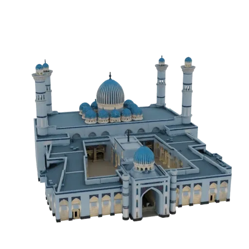 3D модель традиционной исламской мечети с синими куполами и минаретами, вид под небольшим углом сверху.