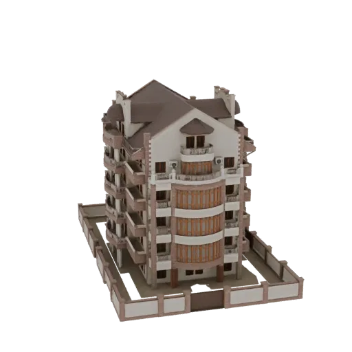 3D модель современного многоквартирного дома с балконами, изогнутым фасадом и ограждением, вид под углом.