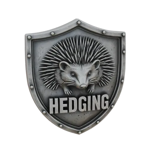 3D модель металлического щита с ежом и надписью HEDGING